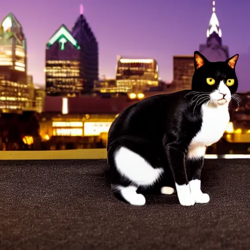 Image similar to photo of black photo of a Tuxedo Cat wearing a top hat, sitting on a rooftop at night time, Philadelphia skyline at night in the background