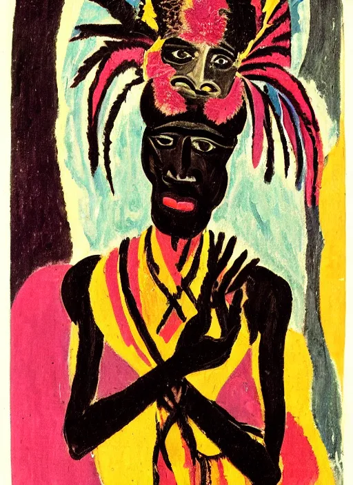 Prompt: a portrait of a voodoo shaman by Ernst Ludwig Kirchner, symbolist, soft colors, dramatic lighting, smooth, sharp focus, extremely detailed, made of feathers, aesthetically pleasing composition