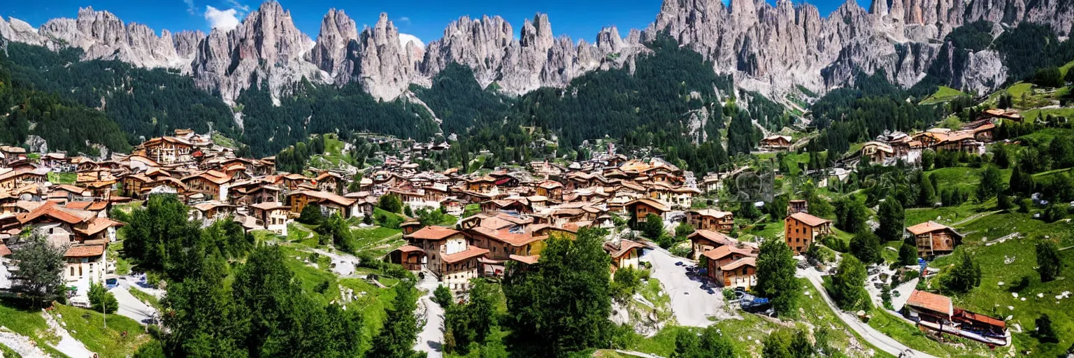 Prompt: an italian town in the dolomites mountains