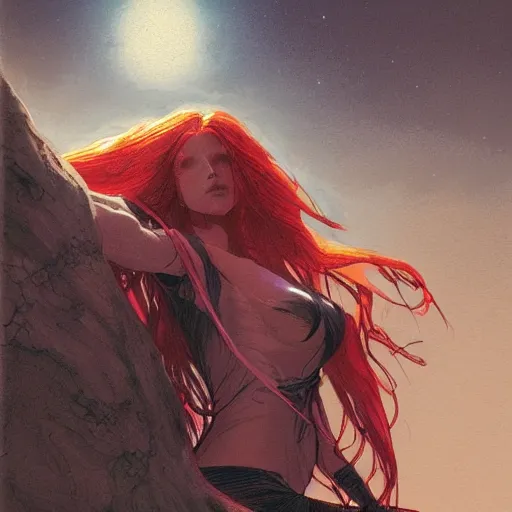 Prompt: a beautiful comic book illustration of a vampire woman with long red hair laying near a lake at night by Jerome Opeña and Greg Rutkowski, featured on artstation