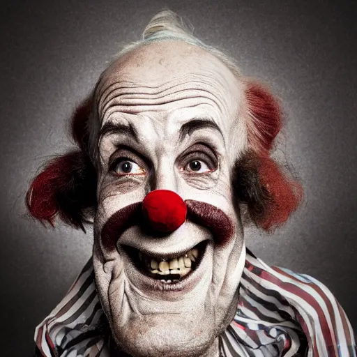 Prompt: an very old clown with a big nose of an alcoholic, happy look, studio photograph, soft lighting