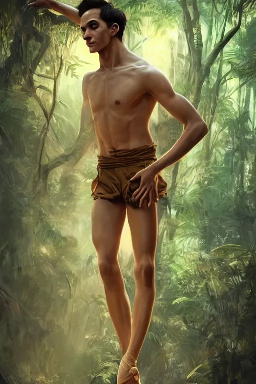 Image similar to stunningly handsome, male ballet dancer in jungle, symmetrical face, golden hour, smooth, focus, highly detailed, hyper realistic, dramatic lighting, elegant, intricate, concept art, art by wlop, mars ravelo, greg rutowski, artstation