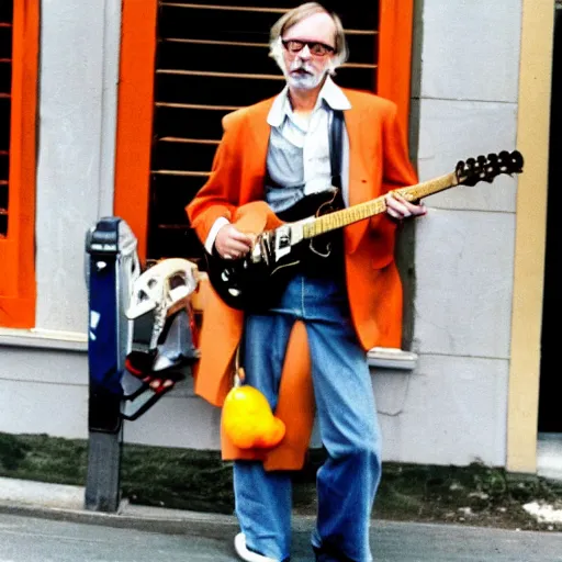 Image similar to hugh hopper on a street corner holding diet pepsi in one hand and an orange in his other hand