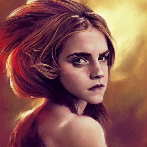 Image similar to Very funny Emma Watson looking like an old monkey, colorful painting on grey scale face, powerful , magic, thunders, dramatic lighting, intricate, wild, highly detailed, digital painting, artstation, concept art, smooth, sharp focus, illustration, art by artgerm and greg rutkowski and alphonse mucha, footage