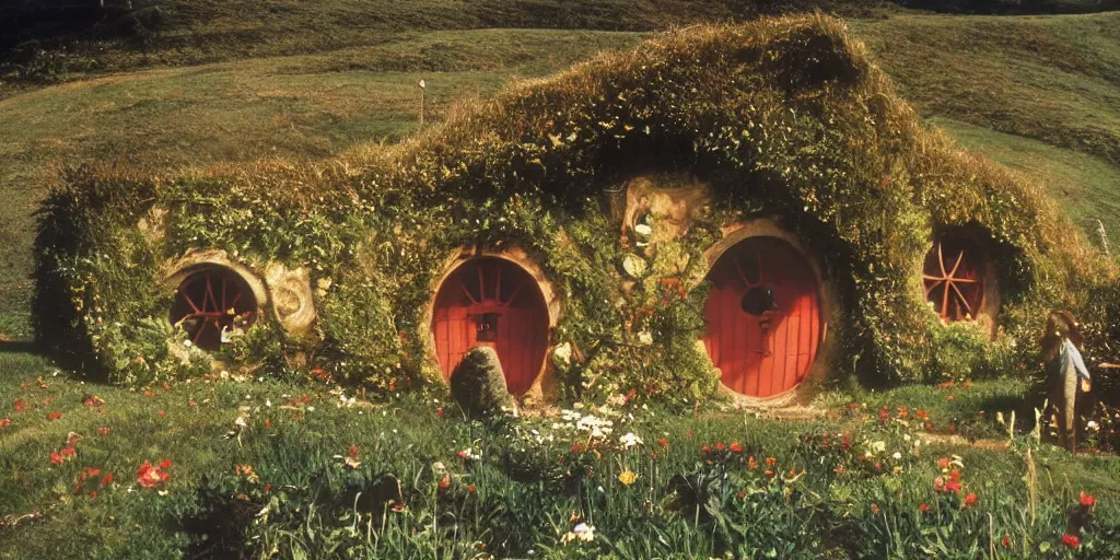 Prompt: A full color still from a Stanley Kubrick film featuring Hobbiton with windows, doors, and chimneys built into the hills, 35mm, 1975