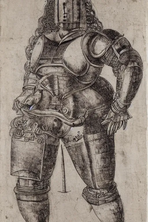 Prompt: large and strong woman wearing a mechanical armor | Leonardo Da Vinci |