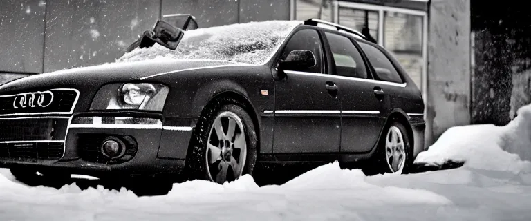 Image similar to Audi A4 B6 Avant (2002), a gritty neo-noir, dramatic lighting, cinematic, eerie person, death, homicide, homicide in the snow, viscera splattered, gunshots, bullet holes, establishing shot, extremely high detail, cracked windows, photorealistic, arson, makeshift grave, cinematic lighting, artstation, by simon stalenhag, Max Payne (PC) (2001) winter New York at night, In the style of Max Payne 1 graphic novel, flashing lights, Poets of the Fall - Late Goodbye