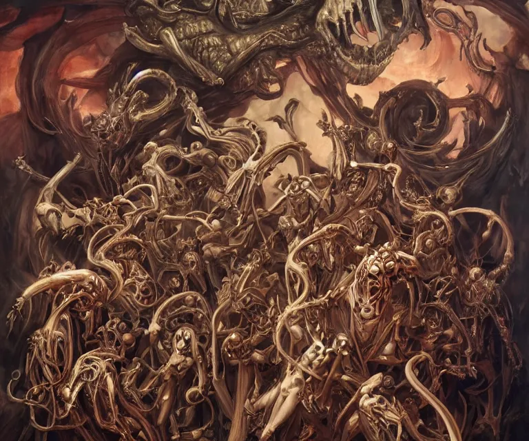 Image similar to elegant renaissance painting of biomechanical warhammer final boss bodybuilder vecna battle, art by alex ross and peter mohrbacher, epic biblical depiction, flesh and bones, fangs, teths and tentacles, corpses and shadows!