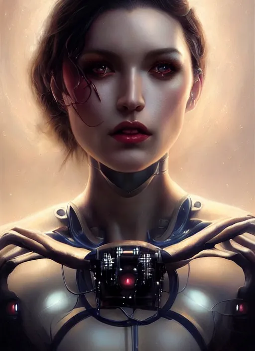 Image similar to a beautiful woman with cybernetic muscles, painted by artgerm and tom bagshaw, fantasy art, dramatic lighting, highly detailed oil painting