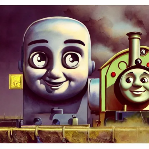 Image similar to watercolor cartoon grunge portrait of happy Thomas the tank engine. intricate abstract. intricate artwork. Joy, Happiness, by zdzisław Beksiński, wlop, dan mumford , trending on artstation, Greg rutkowski very coherent symmetrical artwork. cinematic, hyper realism, high detail, octane render, 8k