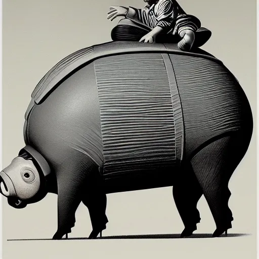Prompt: black and white retro futuristic boy wearing crown riding on the back of a large pig by syd mead, matte painting, crosshatch and stippling