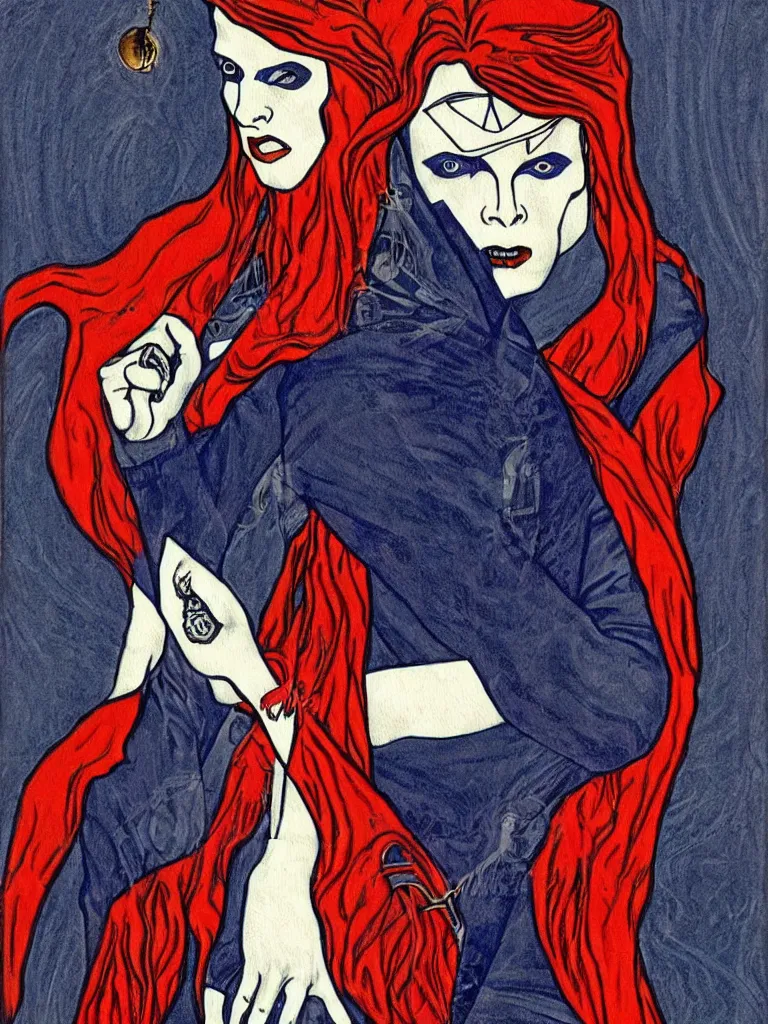 Image similar to art nouveau, David Bowie, one single figure, tarot card, The Vampire, leather jacket, jeans, long red hair, full body