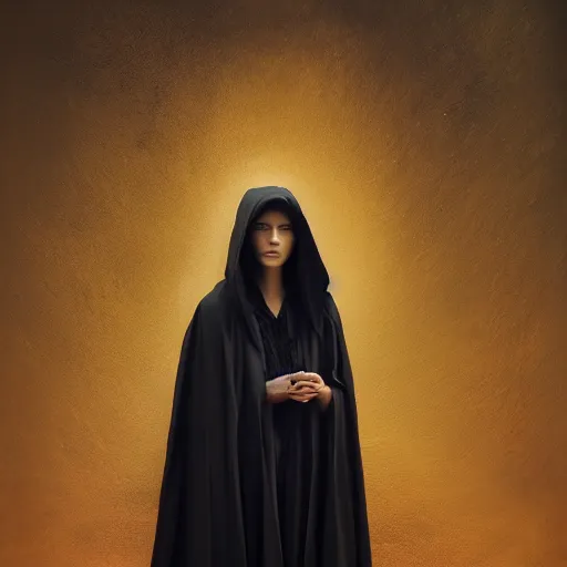 Image similar to a portrait of a young woman wearing a long dark cloak, hood and shadows covering face, holding golden chains, oil painting, matte painting, black background, Volumetric Golden dappled dynamic lighting, Highly Detailed, Cinematic Lighting, Unreal Engine, 8k, HD, by Beksinski