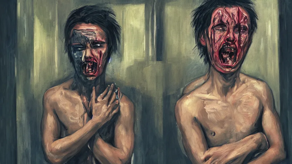 Prompt: mirrorpunk fraternal portrait of a crying young dude 3 3 years old, with violence