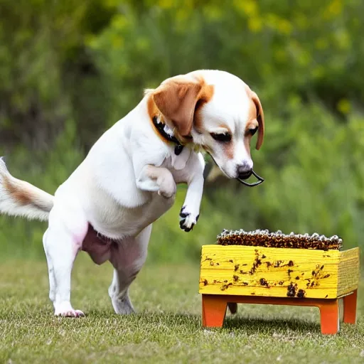 Prompt: a dog stepping on a large visible bee