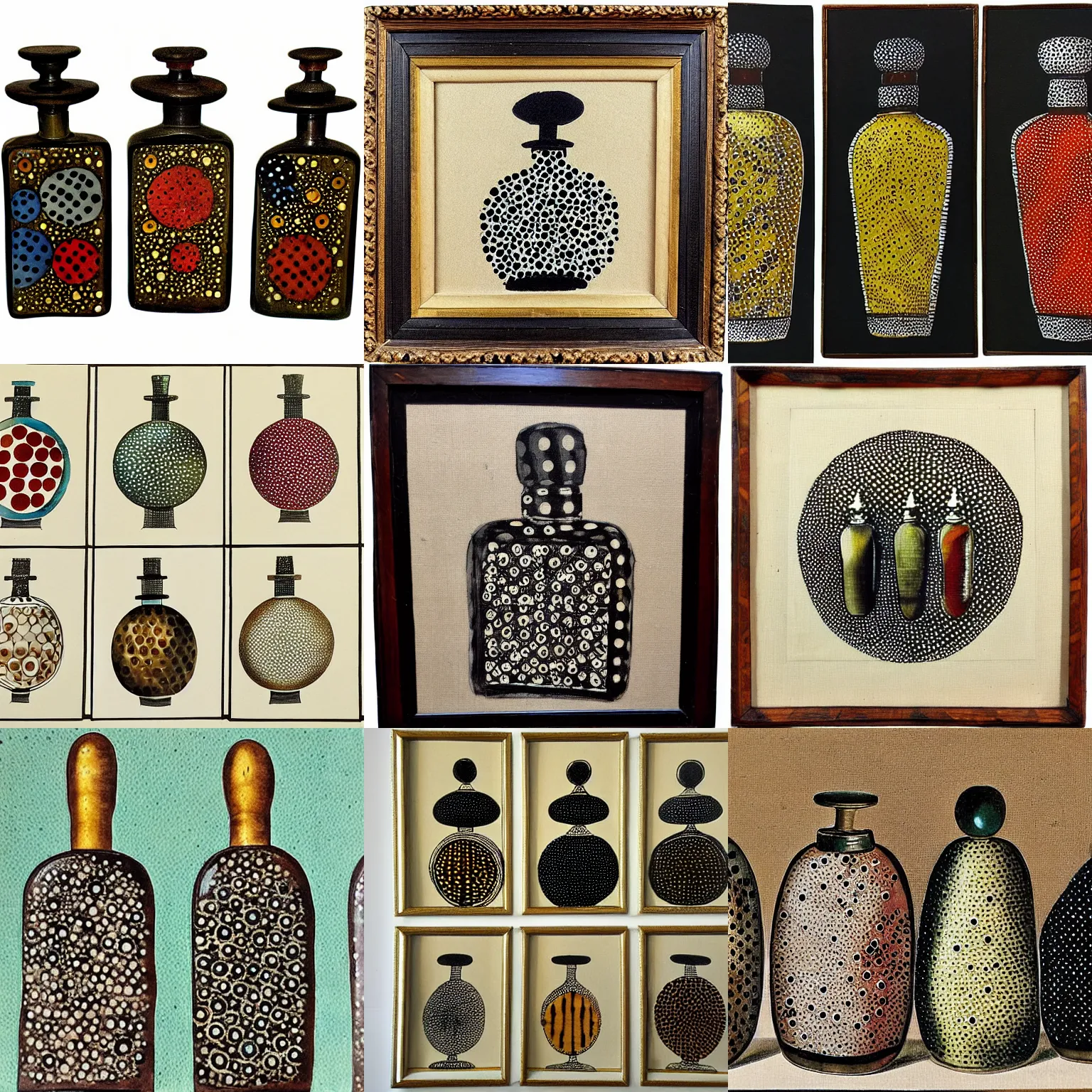 Prompt: dot art on canvas by benday, 1 8 th century perfume bottles, ink painting