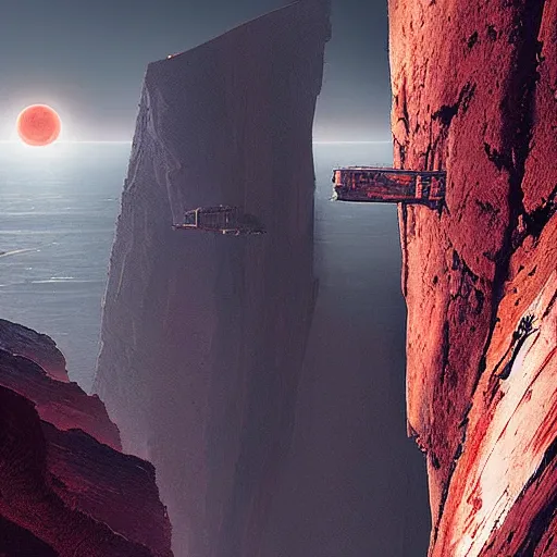 Prompt: a high angle on a wide, deep crack on a red moon with no atmosphere, industrial space colony hugging the cliffs on both sides of the crack, bridges crossing the gap, sci - fi art by greg rutkowski