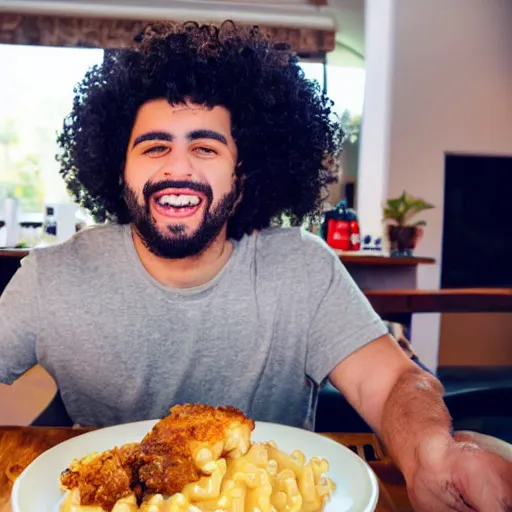 Image similar to short curly haired mixed hispanic 2 0 year old with a huge underbite is excited to feast on chicken, pork, beef, mac and cheese on the table in front of him