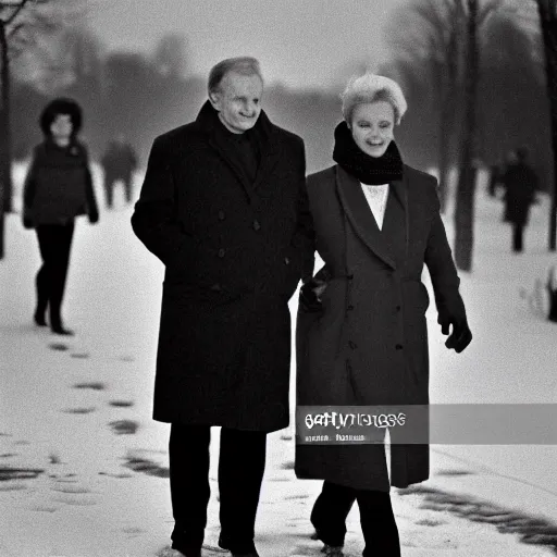 Image similar to Olof Palme and his wife peacefully strolling down Sveavägen in Stockholm a winter evening in 1986