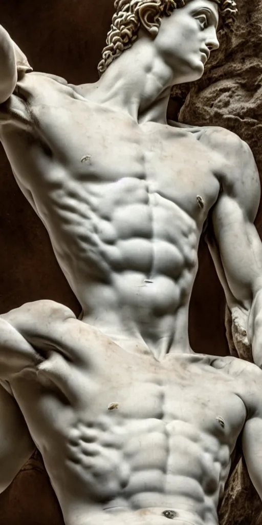 Image similar to twenty three year old michelangelo carving a block of white marble into the torso of the statue of david, photorealistic, hyperdetailed, studio lighting, octane render, caustics