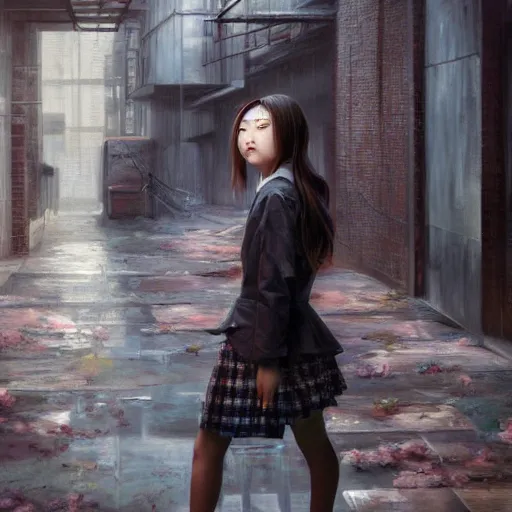 Image similar to a perfect, hyperrealistic professional oil painting of a Japanese schoolgirl posing in a dystopian alleyway, style of Marvel, full length, by a professional American senior artist on ArtStation, a high-quality hollywood-style concept