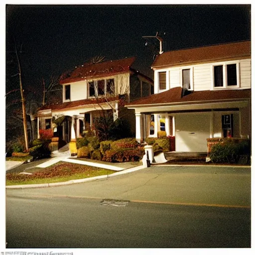 Image similar to a high flash photo of a suburban home from the street during autumn, 2 0 0 6, taken with a disposable camera