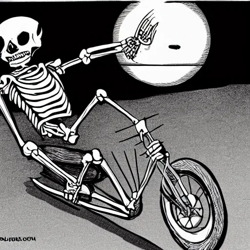 Prompt: a skeleton driving a motor cycle on venus, cartoon,