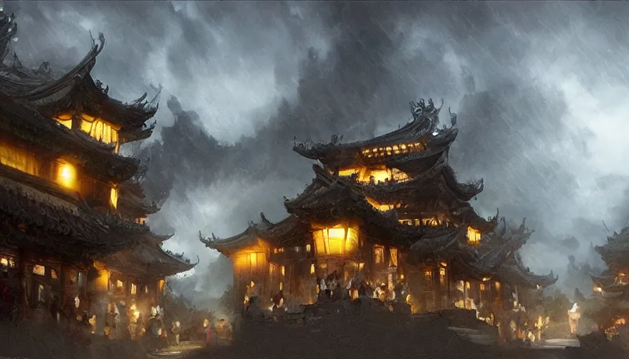 Prompt: craig mullins and wenjun lin zhongyuan festival in fujian ， lanterns in the sky ， river ， dark sky ， fire clouds ， ， village ， ghost ， unreal engine, hyper realism, realistic shading, cinematic composition, realistic render, octane render, detailed textures, photorealistic, wide shot