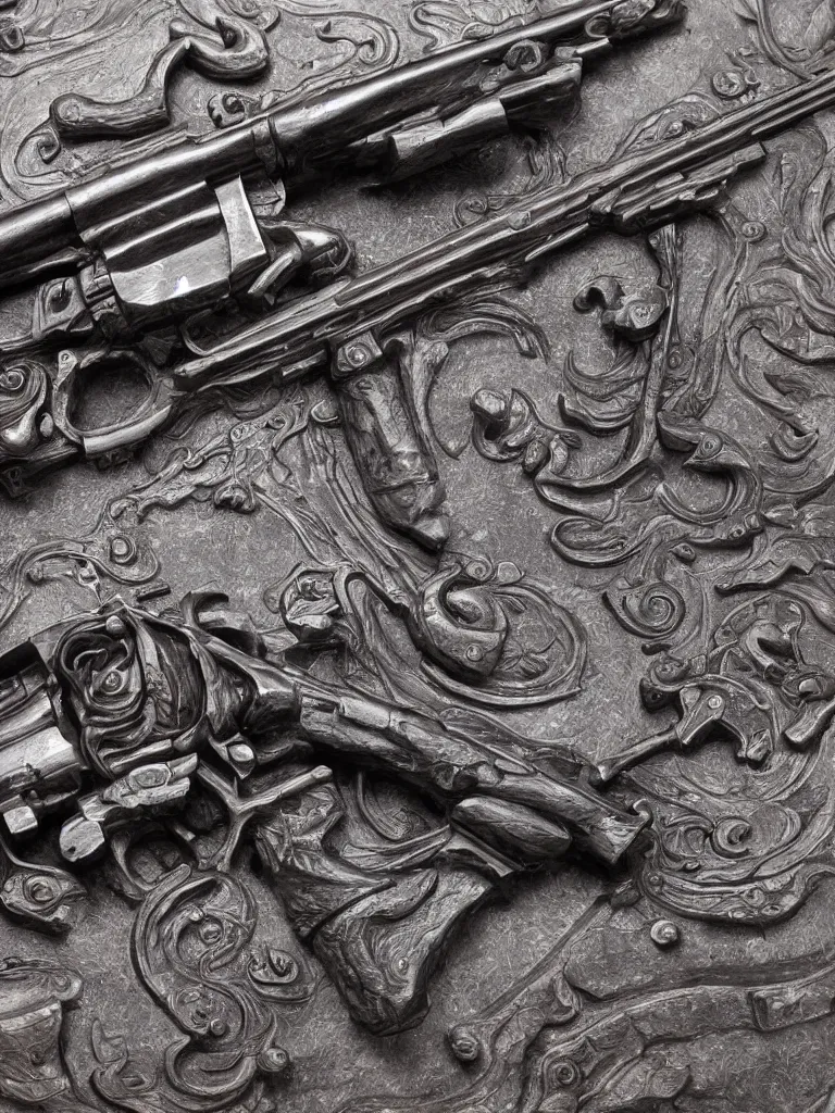 Prompt: carving in old worn black granite of machine guns shotguns rifles revolvers bullets, magazine cover, ultrarealistic, intricate details, 4k
