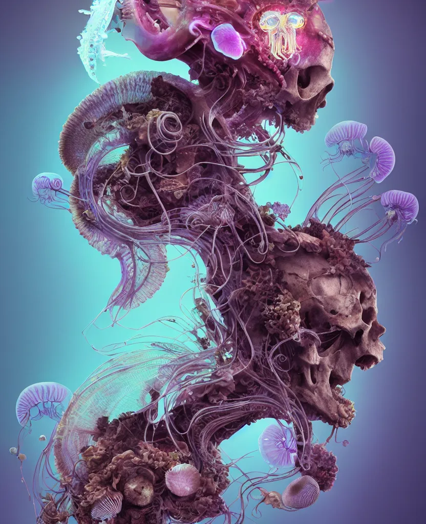 Image similar to goddess close-up portrait ram skull, thorax, x-ray, backbone, jellyfish phoenix head, nautilus, orchid, skull, betta fish, bioluminiscent creatures, intricate artwork by Tooth Wu and wlop and beeple. octane render, trending on artstation, greg rutkowski very coherent symmetrical artwork. cinematic, hyper realism, high detail, octane render, 8k