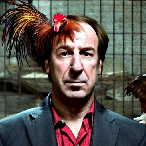 Image similar to saul goodman and a rooster in a medieval torture chamber, saw blades and knives in the background!!, horror movie, saul goodman!!!!!, rooster!!!!!, real life photo, detailed face