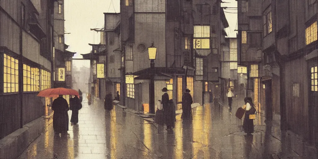 Image similar to a typical japanese city street in the rain, vermeer painting, dark academia aesthetic, matte painting