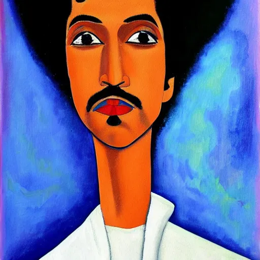 Image similar to a painting of prince in space in the style of modigliani. trending on artstation.