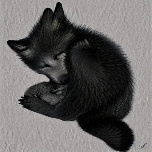 Prompt: illustration of a sleeping baby wolf, black fur, closed eyes, cute, curled up, r/aww