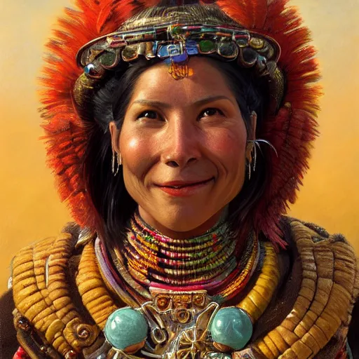 Image similar to an portrait of an happy female inca, detailed, centered, digital painting, artstation, concept art, donato giancola, Joseph Christian Leyendecker, WLOP, Boris Vallejo, Breathtaking, 8k resolution, extremely detailed, beautiful, establishing shot, artistic, hyperrealistic, beautiful face, octane render