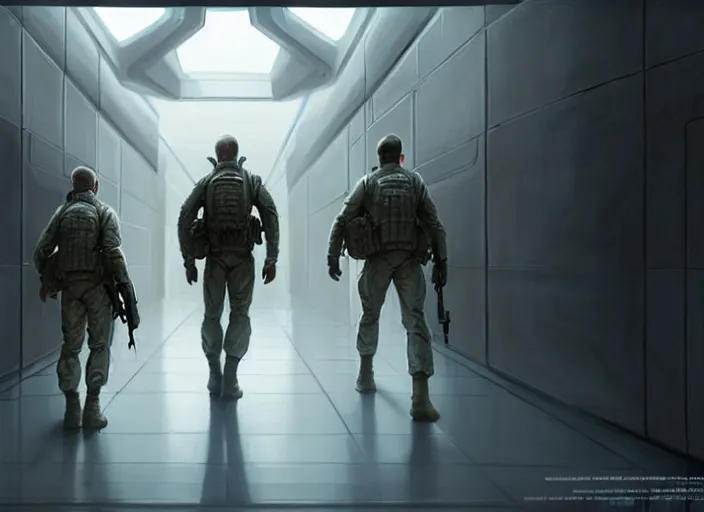 Prompt: hyper realistic sci - fi matte concept art painting of two soldiers walking cautiously down a starship's hallway, beautiful details, strong composition painted by kim jung guweta studio rutkowski, james gurney and greg rutkowski, and lucasfilm, smooth, intricate, detailed, sharp focus, cinematic