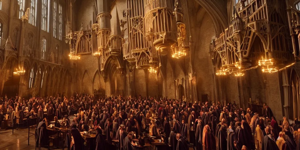 Image similar to film still. screenshot. hogwarts castle. the great hall. busy. during golden hour. cinematic lighting. directed by christopher nolan and denis villeneuve. extremely detailed. 4 k.