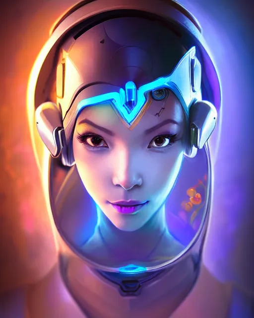 Prompt: echo from overwatch, flying robot, thai, female face, blue holographic face, glass face, transparent face, elegant, colorful, fantasy, fantasy art, character portrait, portrait, close up, highly detailed, intricate detail, amazing detail, sharp focus, vintage fantasy art, vintage sci - fi art, radiant light, caustics, by boris vallejo