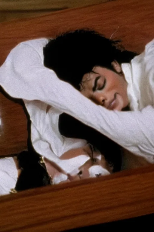 Image similar to film still of michael jackson asleep within a coffin, portrait, 4k