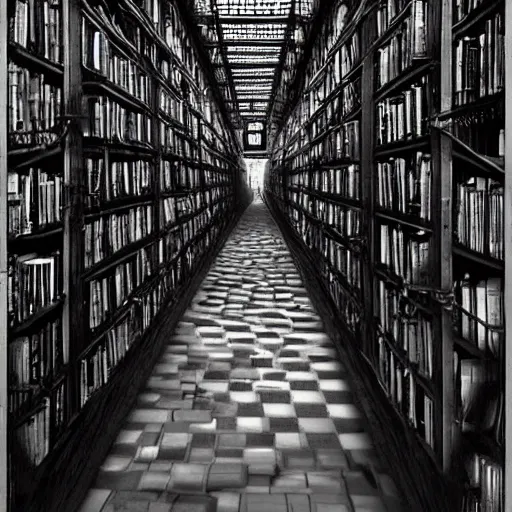 Image similar to “lost in a labyrinth that is Powell’s City of Books. Creepy liminal photo. Hyperrealistic, Photo taken by M.C. Escher. benchmark resolution photo”