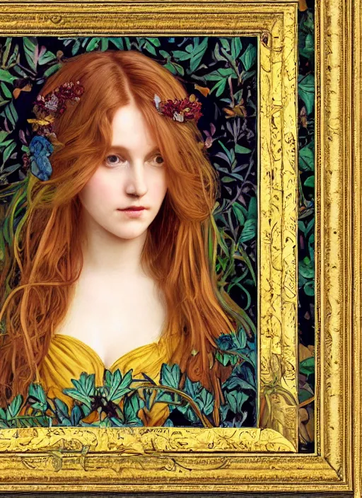 Image similar to masterpiece beautiful seductive flowing curves preraphaelite face portrait photography, sam spratt, extreme close up shot, straight bangs, thick set features, yellow ochre ornate medieval dress, amongst foliage mushroom forest circle arch, william morris and kilian eng and mucha, framed, 4 k