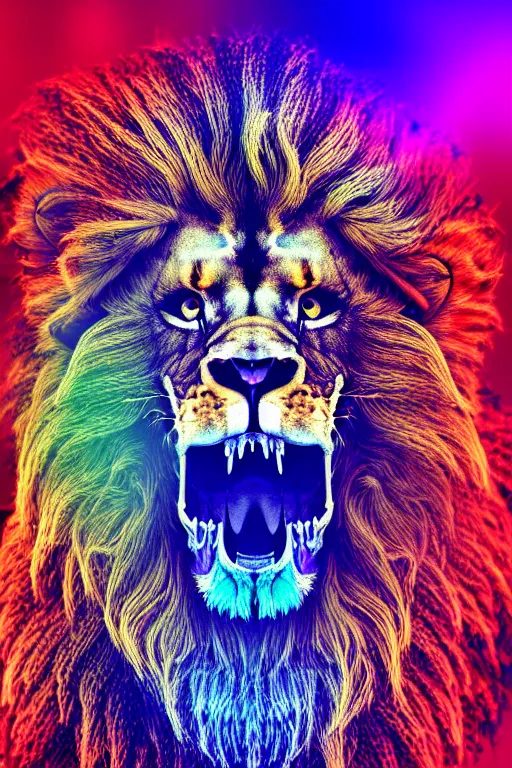 Image similar to highly detailed photo of psychedelic lion skull in the style of Greg Rutswoski, concept art, 8K detail post-processing