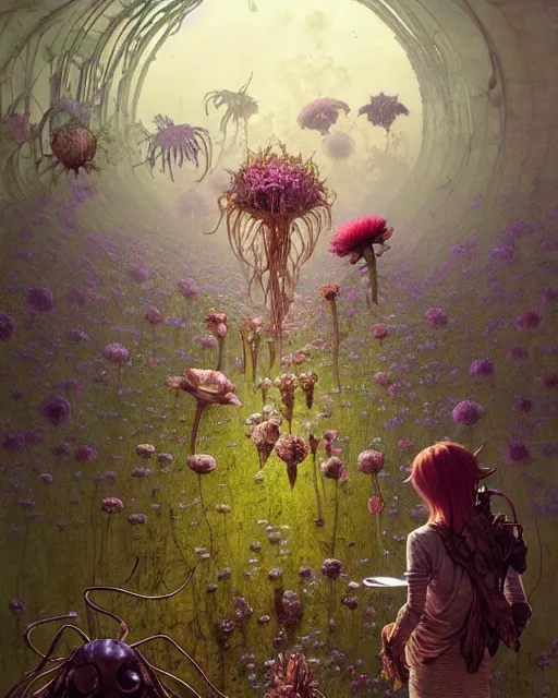 Image similar to the platonic ideal of flowers, rotting, insects and praying of cletus kasady carnage davinci dementor chtulu mandelbulb ponyo alice in wonderland dinotopia watership down botw, fantasy, ego death, decay, dmt, psilocybin, concept art by greg rutkowski and simon stalenhag and alphonse mucha