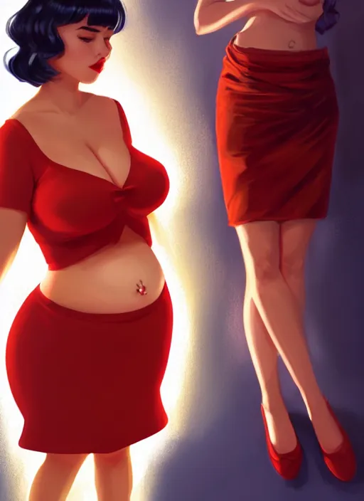 Image similar to full body portrait of teenage veronica lodge, obese, bangs, sultry, realistic, sultry smirk, wavy hair, red skirt, fat, belly, intricate, elegant, glowing lights, highly detailed, digital painting, artstation, concept art, smooth, sharp focus, illustration, art by wlop, mars ravelo and greg rutkowski