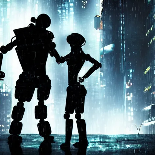 Image similar to a heartfelt unspoken love story between two robots overlooking a crumbling empty city, third person, cyberpunk, dystopia, rain, bittersweet