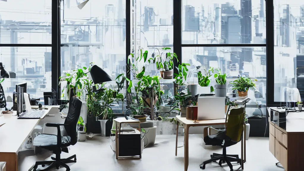 Prompt: IKEA catalogue photo, modern office space, retro future style furniture, cyberpunk style neon lighting, lush plant life, cityscape in the window