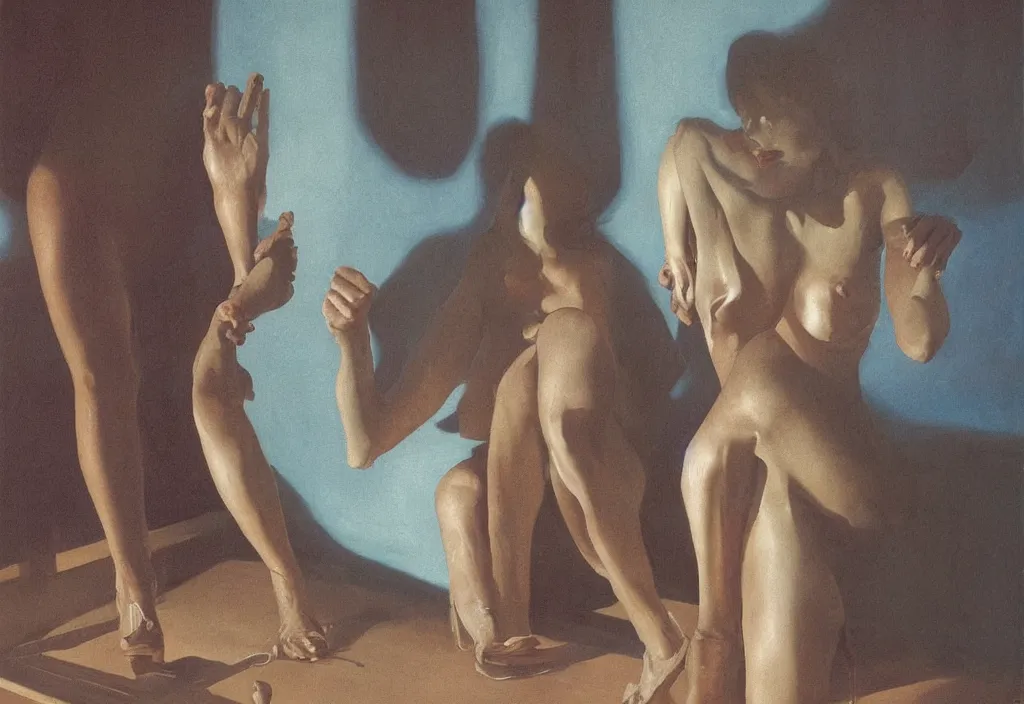 Prompt: A woman with four legs and four arms trying to count her legs, in the style of Paola Vetri, extremely detailed masterpiece, oil on canvas, low-key neon lighting, artstation, Blade Runner 2049, Roger Deakin’s cinematography, by J. C. Leyendecker and Peter Paul Rubens and Edward Hopper and Michael Sowa,