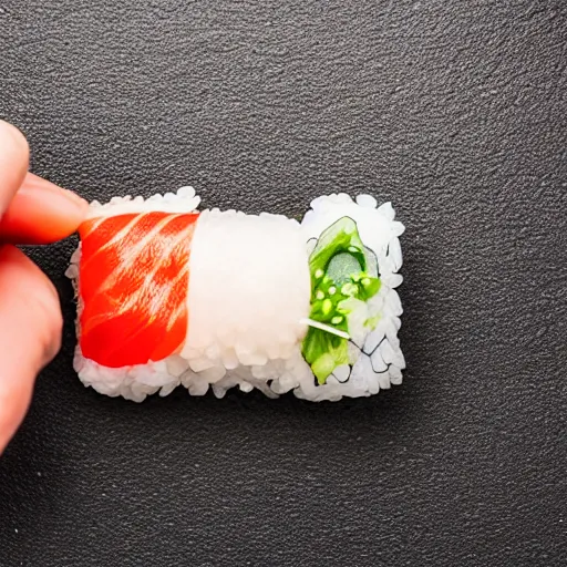 Prompt: a sushi in the shape of a hand, photography 4k, f1.8 anamorphic, bokeh, 4k, Canon, Nikon