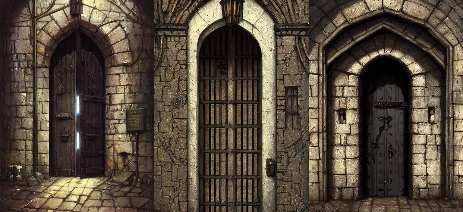 Prompt: medieval door with black steel bars, stephen bliss, unreal engine, fantasy art by greg rutkowski, loish, rhads, makoto shinkai and lois van baarle, detailed and intricate environment