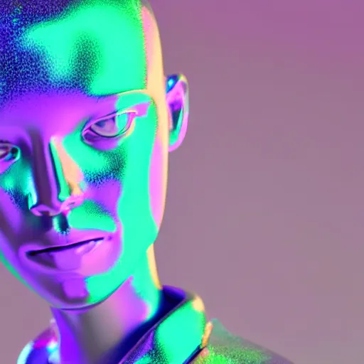 Image similar to 3d render of holographic human robotic head made of glossy iridescent, surrealistic 3d illustration of a human face non-binary, non binary model, 3d model human, cryengine, made of holographic texture, holographic material, holographic rainbow, concept of cyborg and artificial intelligence